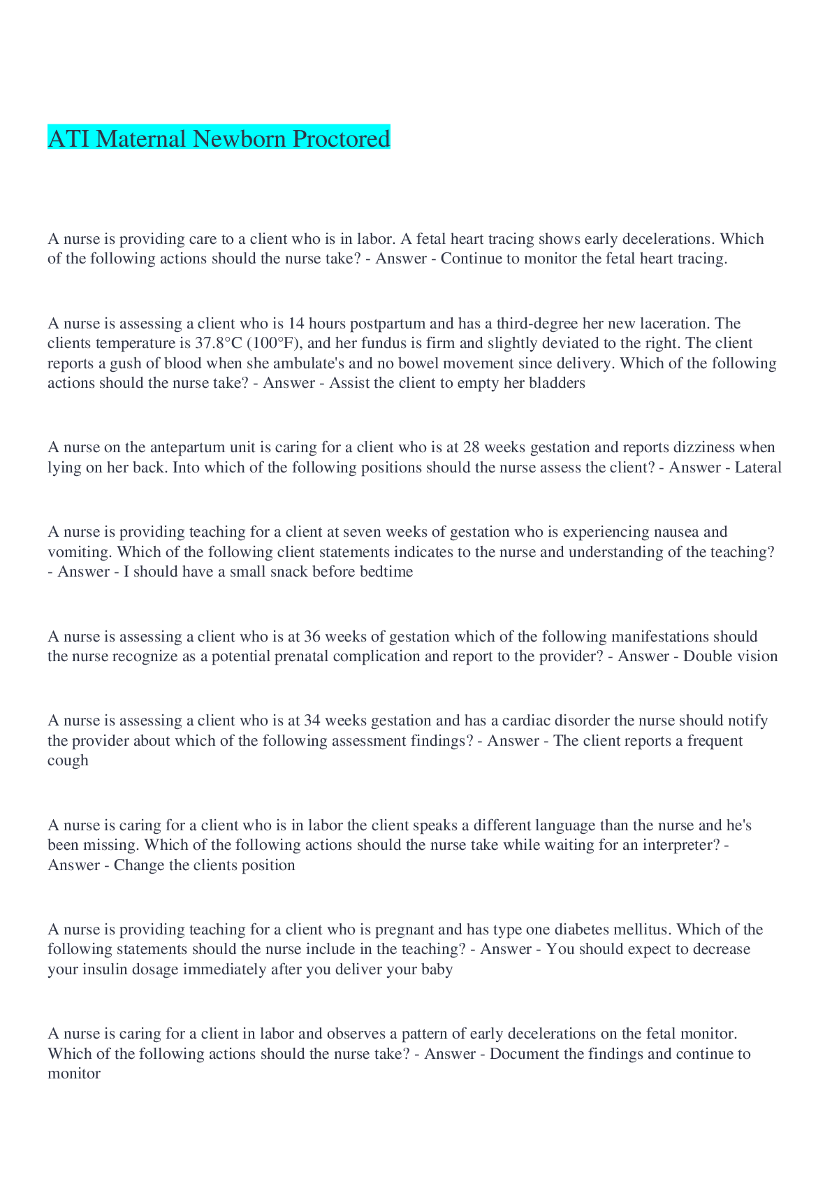 Preview image for ATI Maternal Newborn Proctored  Questions And Answers 2022/2023